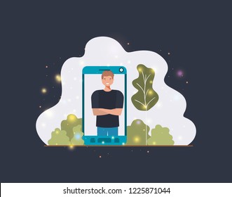 man in smartphone on landscape