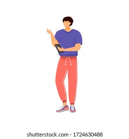 Man With Smartphone, Online Customer Flat Color Vector Faceless Character. Guy In Sportswear, Boy Making Online Order Isolated Cartoon Illustration For Web Graphic Design And Animation