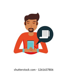 man with smartphone and paper receipt in speech bubble
