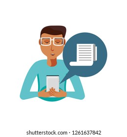 man with smartphone and paper receipt in speech bubble