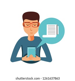man with smartphone and paper receipt in speech bubble