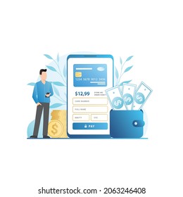Man in smartphone pays on Internet contactlessly, enters personal, bank data of debit, credit card in online banking, on website, in application. Successful guy with cash wallet, finances, gold coins.