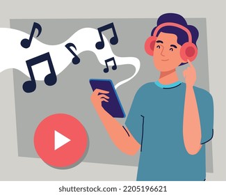 man with smartphone and play button