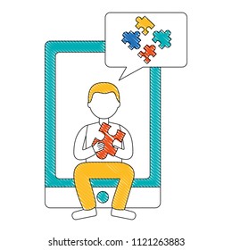 man and smartphone puzzle work team