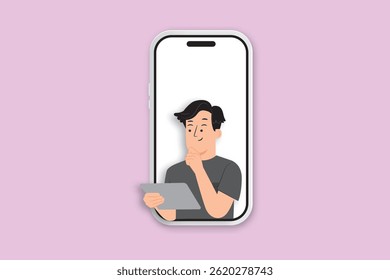Man in smartphone screen during video call session, digital communication concept