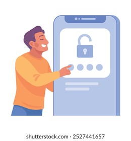 Hombre en la pantalla del teléfono inteligente con Ilustración vectorial de Contraseña segura