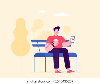 Man with smartphone seating on the bench taking rest with the coffee. Modern vector illustration. Different apps, chatbot, taxi theme. Cool design and vector art. 