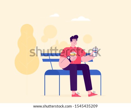 Man with smartphone seating on the bench taking rest with the coffee. Modern vector illustration. Different apps, chatbot, taxi theme. Cool design and vector art. 
