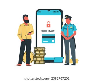 Man with smartphone and security app on screen. Vector illustration in flat style for Security system in contactless payment concept