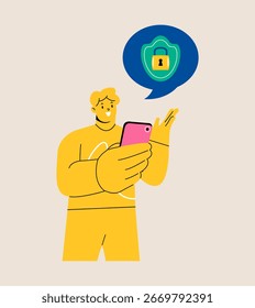 Homem com smartphone com medidas de segurança. Ilustração vetorial colorida
