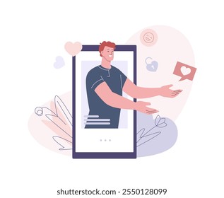 Man in smartphone send love message. Happy romantic male, long distance relationship or friendship. Modern online lifestyle, vector concept