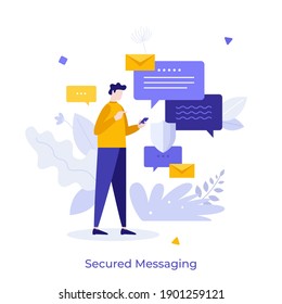 Man with smartphone sending and receiving messages. Concept of mobile application for secure instant messaging, online chatting and data protection. Modern flat vector illustration for poster, banner.