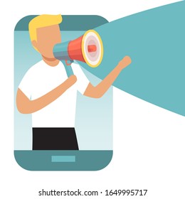 Man vom Smartphone schreit in eine Megaphone-Marketing-Ankündigung. Empfehlen Sie ein Freundeskonzept. Mann mit Lautsprecher und Empfehlungsprogramm. Werbung für digitale Unternehmen, Marketing für soziale Medien