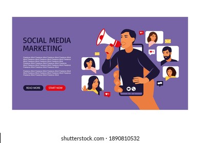 Man in smartphone shouting in loud speaker. Influencer or social marketing banner, flyer, web page. Social media account promotion, audience or followers growth. People hold mobile phones and chat.