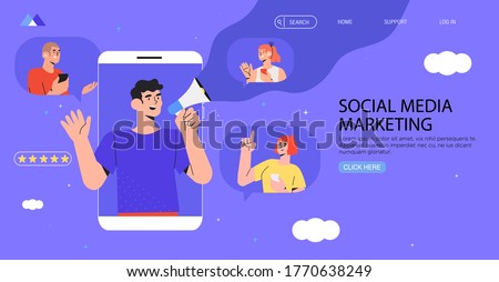 Man in smartphone shouting in loud speaker. Influencer or social marketing banner, flyer, web page. Social media account promotion, audience or followers growth. People hold mobile phones and chat.