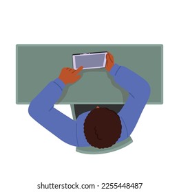 Man with Smartphone Sit at Desk, Male Character Sitting at Workplace in Office with Mobile Phone in Hands Top View Isolated on White Background. Cartoon People Vector Illustration