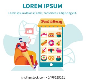 Man with Smartphone Sitting at Huge Cellphone with Different Products on Screen , Customer Order Eco Market Food Delivery Using Mobile App. Buying Application Cartoon Flat Vector Illustration, Banner