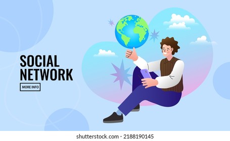 Mann mit Smartphone, der neben dem Globus sitzt. Technologie, soziales Netzwerk, globales Kommunikationskonzept für Banner, Website-Design. Flache Vektorgrafik.