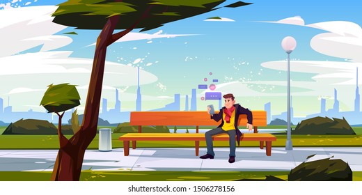Man with smartphone sitting on bench in city park using wifi for internet social media networking and sending messages at summer time. Person with mobile phone outdoors Cartoon vector illustration