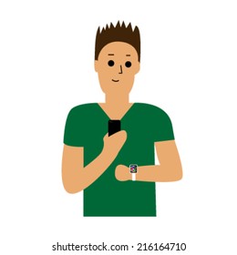 A man with a smartphone and a smartwatch, vector illustration