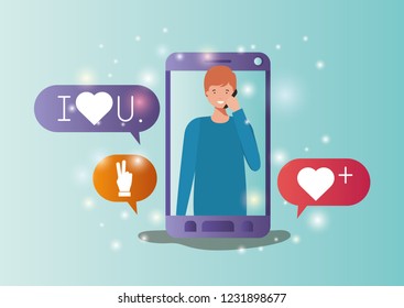 man in smartphone with social media bubbles