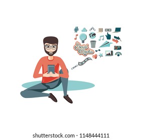 man with smartphone social media icons
