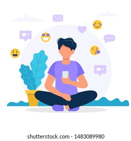 Man with a smartphone, social media icons. Concept vector illustration in flat style