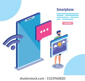 man with smartphone and social media icons marketing isolated icon