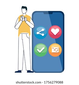 man and smartphone with social media icons, concept of online communication on white background vector illustration design