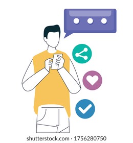 man and smartphone with social media icons, concept of online communication on white background vector illustration design