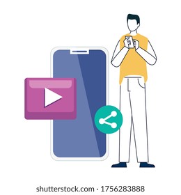 man and smartphone with social media icons, concept of online communication on white background vector illustration design