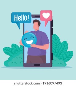 man in smartphone with social media icons vector illustration design