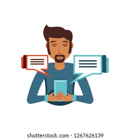 man with smartphone and speech bubbles