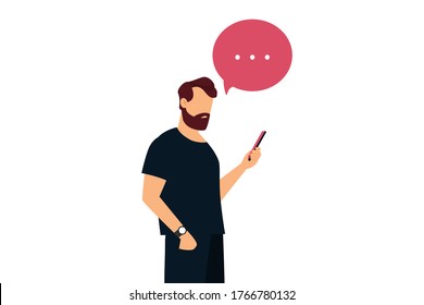 Man with smartphone and speech bubbles. Vector illustration