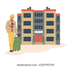 Man with a smartphone stands in front of the hostel building. Hotel Arriving, Tourism, Business Trip Inn Service. Online hotel booking. Vector illustration isolated on white background