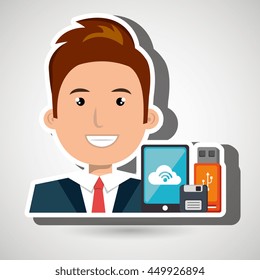 man with smartphone and storage devices  isolated icon design, vector illustration  graphic 