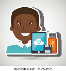 man with smartphone and storage devices  isolated icon design, vector illustration  graphic 