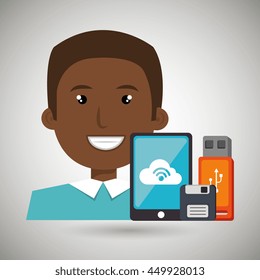 man with smartphone and storage devices  isolated icon design, vector illustration  graphic 