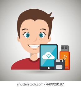 man with smartphone and storage devices  isolated icon design, vector illustration  graphic 