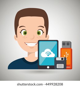 man with smartphone and storage devices  isolated icon design, vector illustration  graphic 