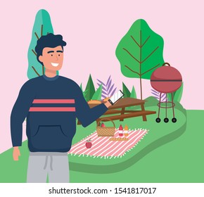 man with smartphone table grill food blanket picnic vector illustration
