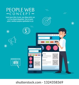 man with smartphone and table office website information