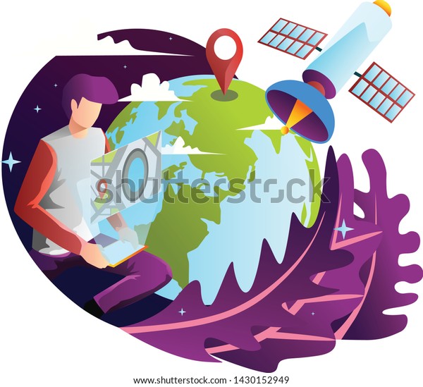 a man with smartphone tablet map route navigation,\
point marker, GPS navigation, destination arrow, satellite, flat\
illustration design
