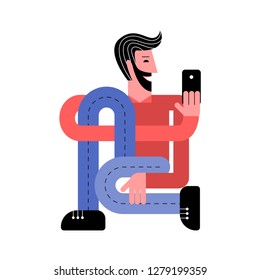 A man with a smartphone. A man takes a selfie. A man holds a smartphone in his hand. Vector illustration in flat style.
