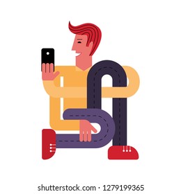 A man with a smartphone. A man takes a selfie. A man holds a smartphone in his hand. Vector illustration in flat style.