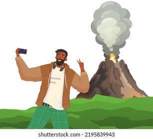 Man With Smartphone Takes Selfie Photo On Volcanic Background. Guy Making Pictures With Volcano. Erupting Rock Pinnacle Disaster With Burning Fire. Volcanic Eruption Mountain Vector Illustration