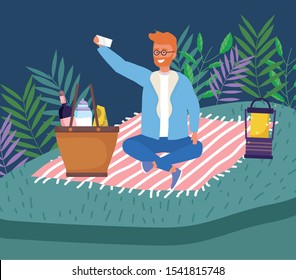 man with smartphone taking selfie night picnic lantern food blanket vector illustration
