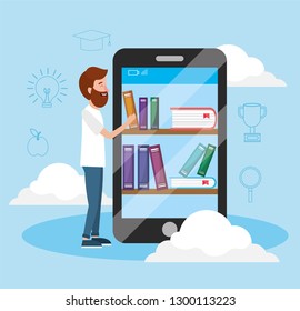 man with smartphone technology and books knowledge