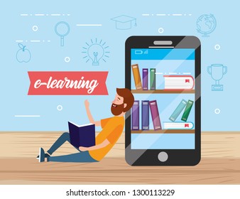 man with smartphone technology and digital books