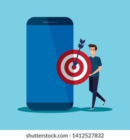 man with smartphone technology and target with arrow